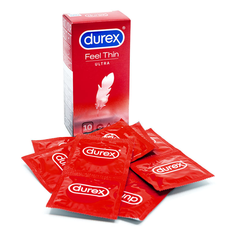 Durex Feel Ultra Thin Box of 10 condoms, featuring transparent, ultra-thin natural rubber latex condoms designed for enhanced sensitivity.