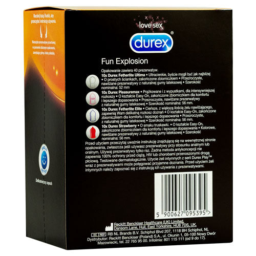 Durex Fun Explosion Box 40 featuring four types of condoms: Strawberry, Pleasuremax, Fetherlite Elite, and Fetherlite Ultima, all in a colorful packaging.