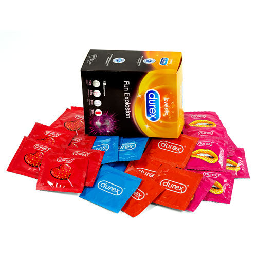 Durex Fun Explosion Box 40 featuring four types of condoms: Strawberry, Pleasuremax, Fetherlite Elite, and Fetherlite Ultima, all in a colorful packaging.