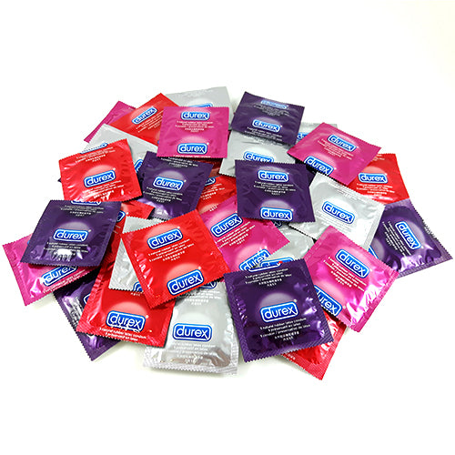 Durex Fun Explosion condom mix featuring various types including ultra-thin and flavored options, packaged attractively.