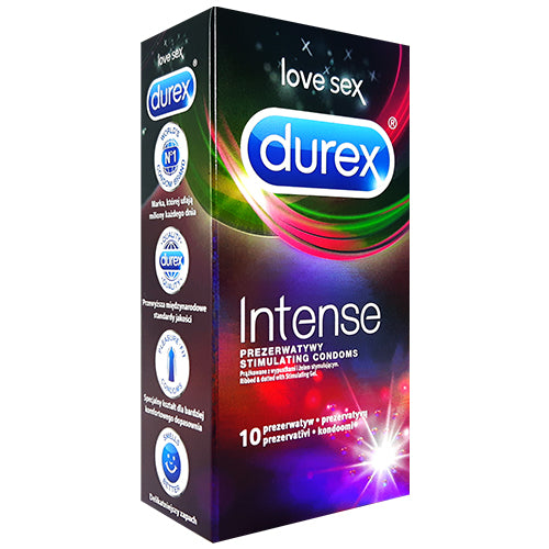 Durex Intense Box 10 featuring ribbed and dotted condoms for enhanced pleasure, packaged in a sleek box.