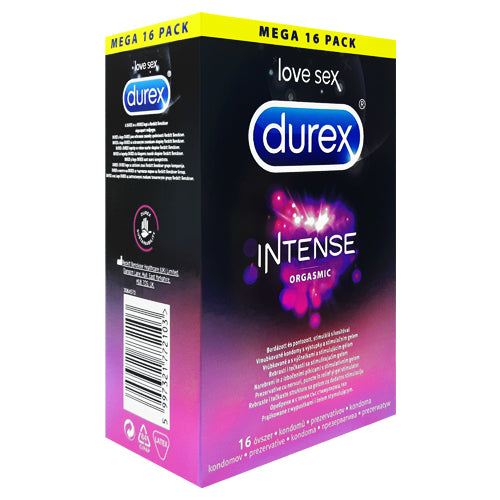 Durex Intense Box 16 featuring ribbed and dotted condoms for enhanced pleasure, packaged in a sleek box.