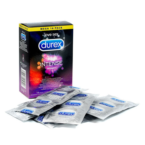 Durex Intense Box 16 featuring ribbed and dotted condoms for enhanced pleasure, packaged in a sleek box.