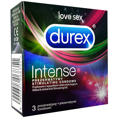 Durex Intense Box 3 condoms featuring ribbed and dotted textures for enhanced pleasure, packaged in a sleek box.