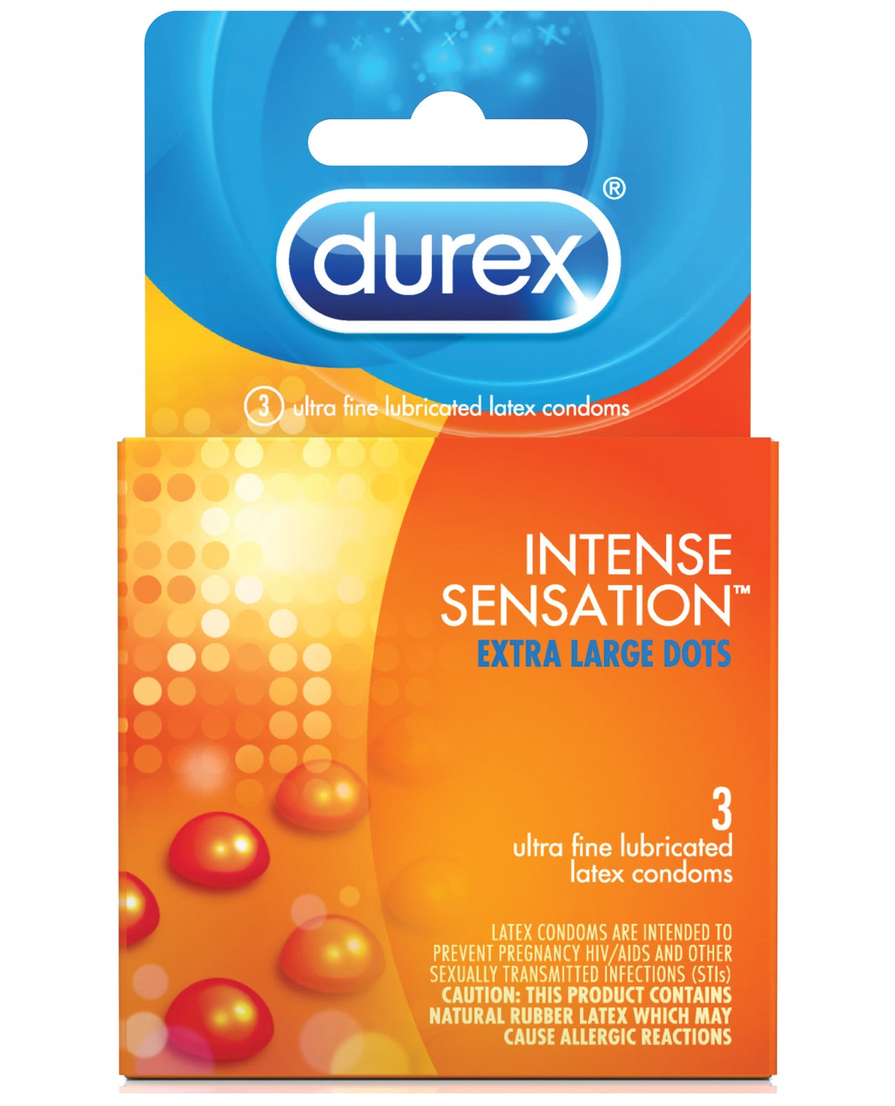 Durex Intense Sensation Box 3 featuring ribbed and dotted condoms for enhanced pleasure.