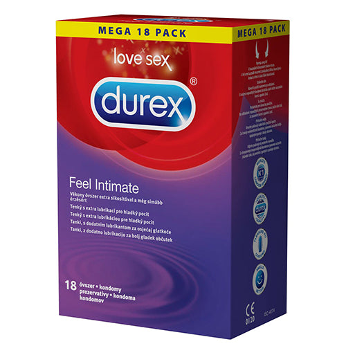 Durex Intimate Feel Box 18 featuring ultra-thin, extra lubricated condoms in a sleek packaging.