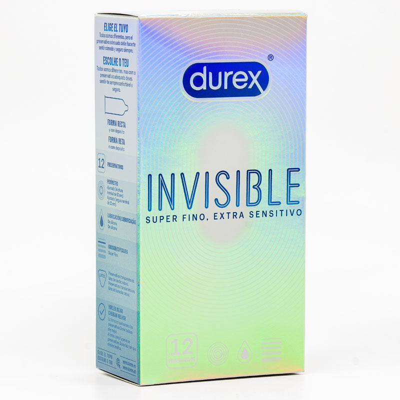 Durex Invisible Extra Sensitive Box containing 12 ultra-thin condoms, designed for maximum sensitivity and comfort.