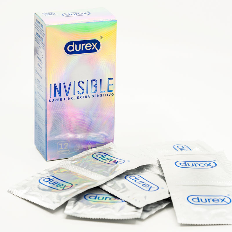 Durex Invisible Extra Sensitive Box containing 12 ultra-thin condoms, designed for maximum sensitivity and comfort.