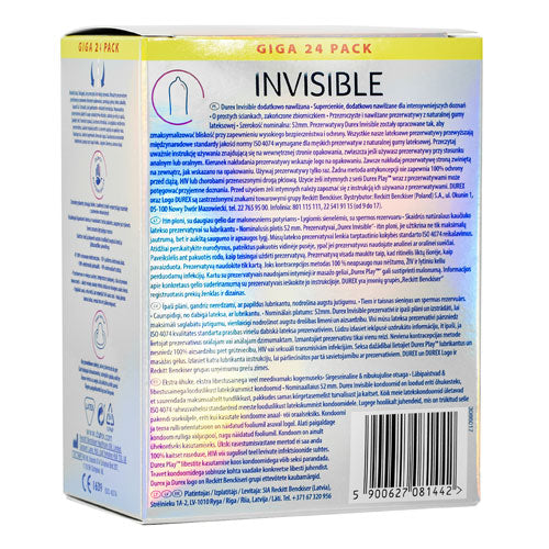 Durex Invisible Lubricated condoms box containing 24 ultra-thin, extra-lubricated condoms for enhanced comfort and pleasure.