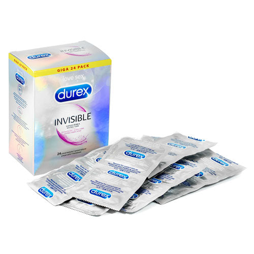 Durex Invisible Lubricated condoms box containing 24 ultra-thin, extra-lubricated condoms for enhanced comfort and pleasure.