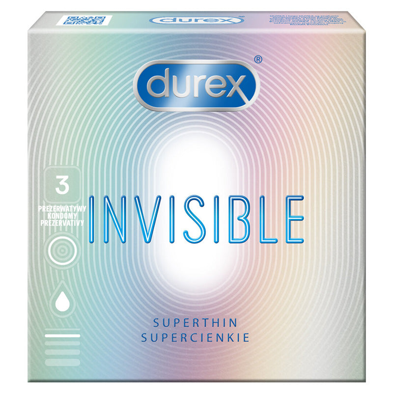 Durex Invisible Lubricated Box 3 featuring ultra-thin, extra lubricated condoms in a sleek packaging.