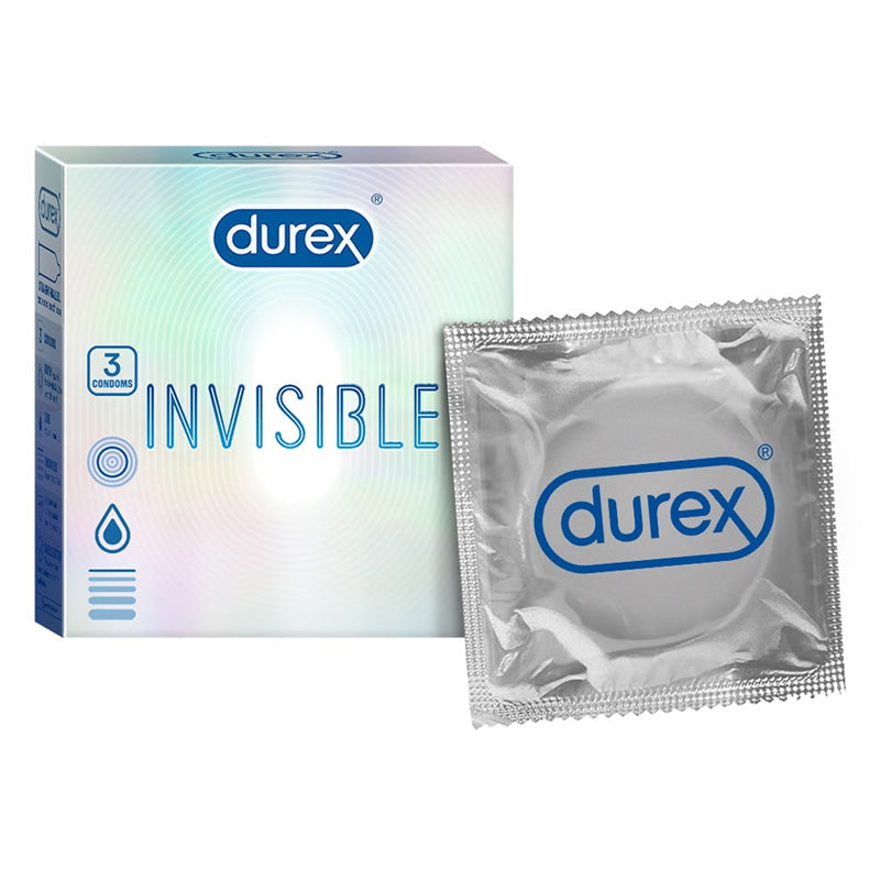 Durex Invisible Lubricated Box 3 featuring ultra-thin, extra lubricated condoms in a sleek packaging.