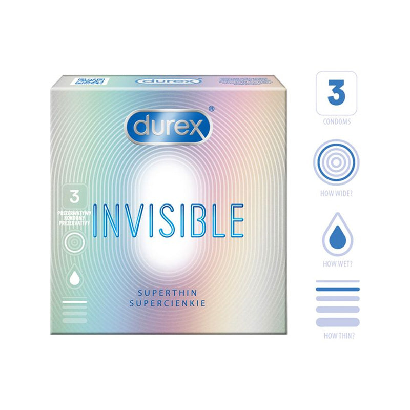 Durex Invisible Lubricated Box 3 featuring ultra-thin, extra lubricated condoms in a sleek packaging.