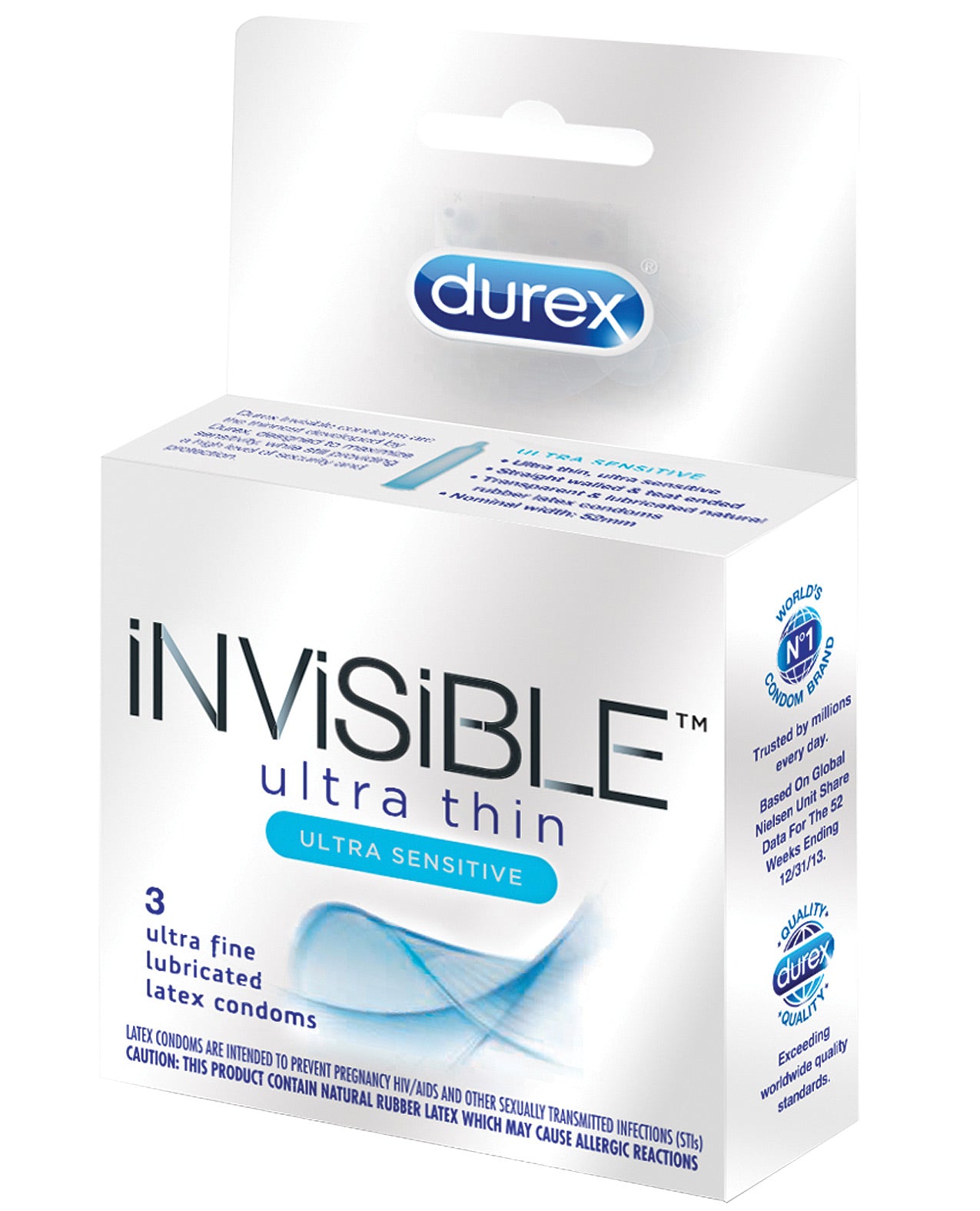 Durex Invisible Sensitive Box 3 featuring ultra-thin natural rubber latex condoms for enhanced sensitivity.