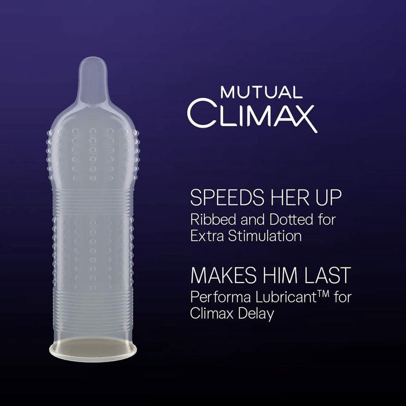 Durex Mutual Climax Box containing 10 condoms, featuring ribbed and dotted texture for enhanced pleasure.