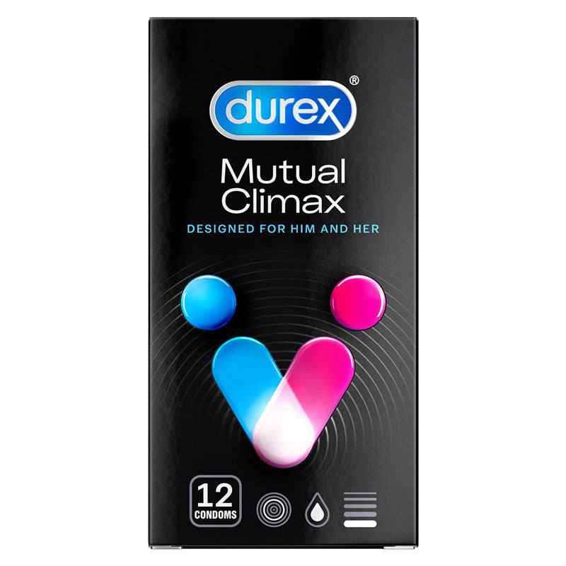 Durex Mutual Climax Box 12 condoms featuring ribbed and dotted texture for enhanced pleasure, designed for mutual climax.