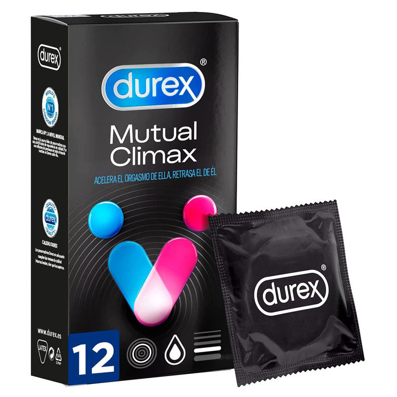 Durex Mutual Climax Box 12 condoms featuring ribbed and dotted texture for enhanced pleasure, designed for mutual climax.