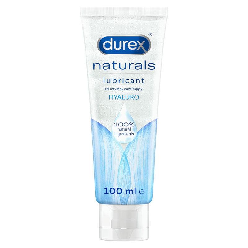 Durex Naturals Hyaluro 100ml water-based lubricant bottle with natural ingredients, designed for smooth and pleasurable experiences.