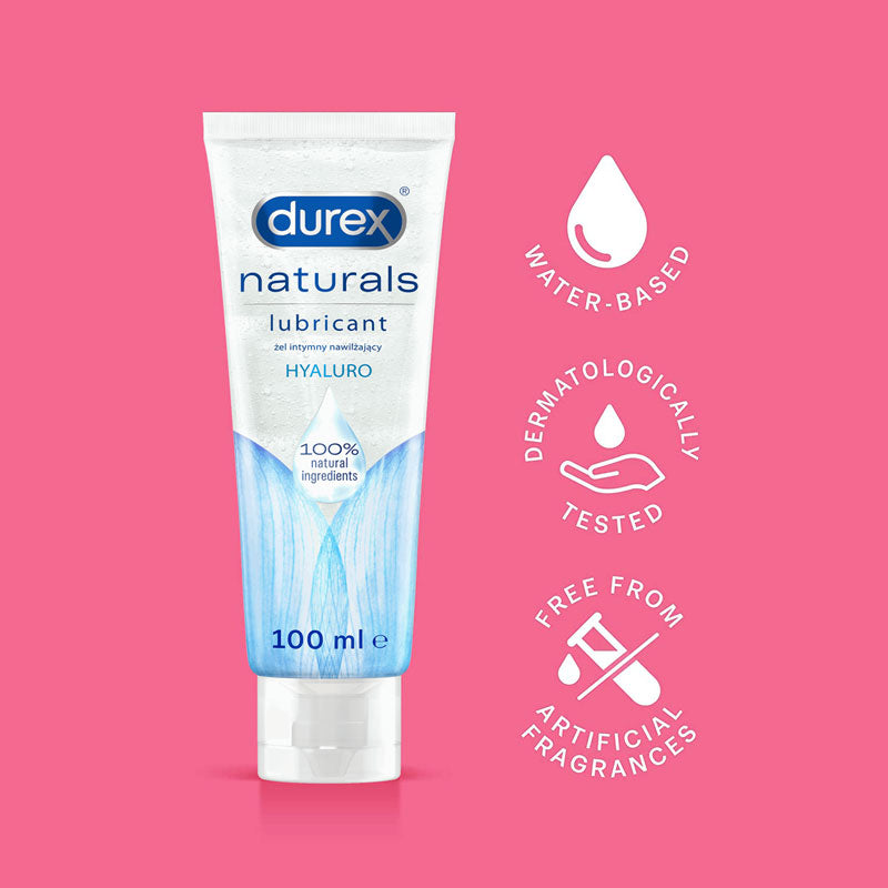 Durex Naturals Hyaluro 100ml water-based lubricant bottle with natural ingredients, designed for smooth and pleasurable experiences.