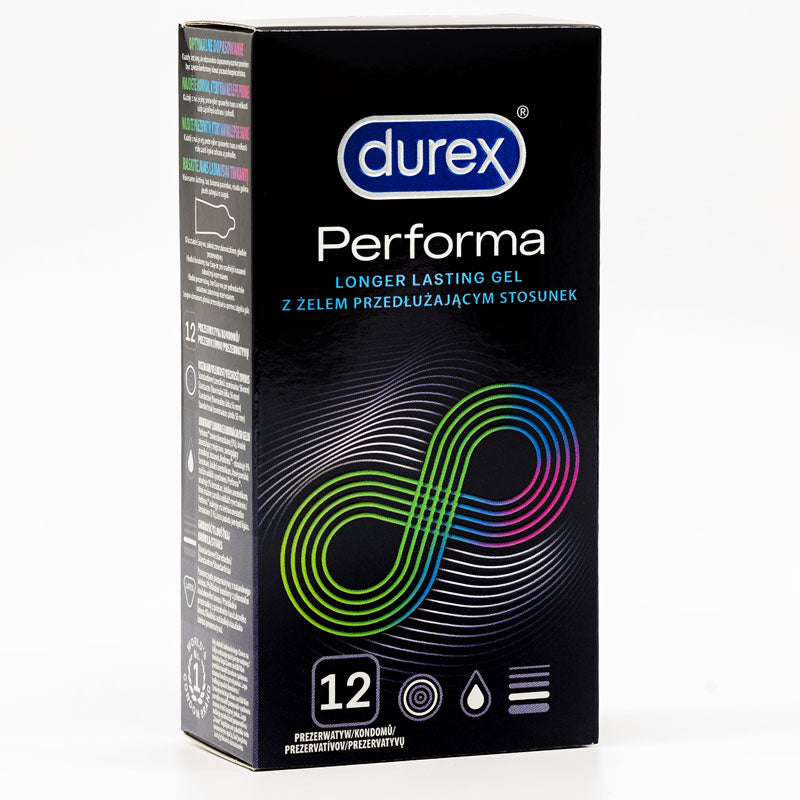 Durex Performa Box 12 condoms, featuring a transparent design and Easy-On shape for enhanced comfort and performance.