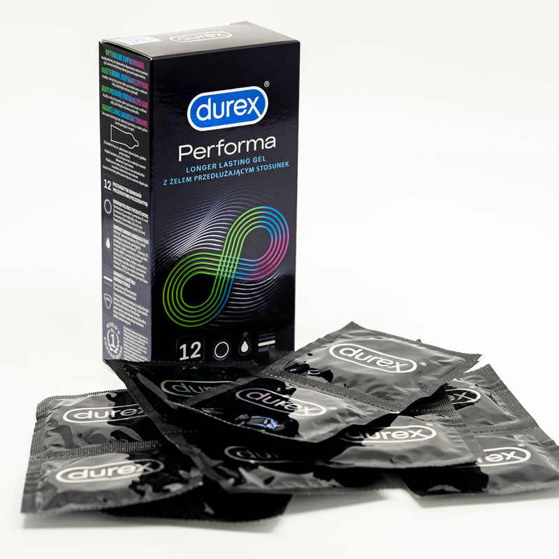 Durex Performa Box 12 condoms, featuring a transparent design and Easy-On shape for enhanced comfort and performance.