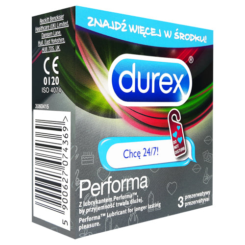 Durex Performa Emoji Box 3 condoms featuring fun Emoji wrappers and a transparent design for enhanced performance.