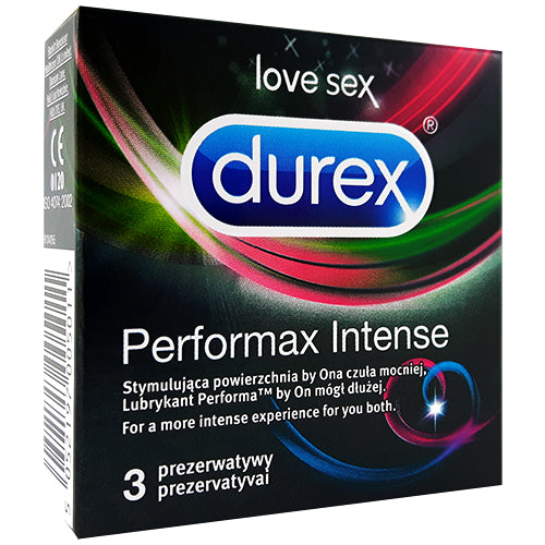 Durex Performax Intense Box 3 featuring ribbed and dotted condoms for enhanced pleasure.