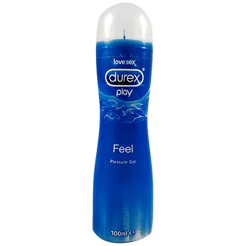 Durex Play Feel 100ml water-based lubricant bottle with Aloe Vera for soothing skin, designed for sensual massage and intimate lubrication.