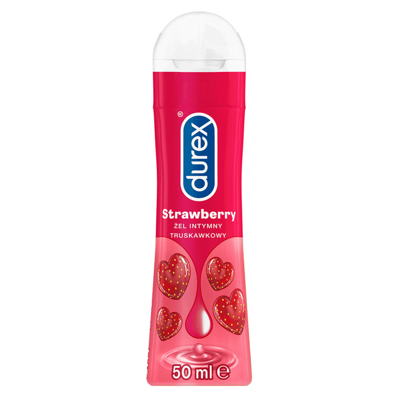 Durex Play Strawberry 50ml lubricant bottle with a vibrant strawberry design, showcasing its flavor and water-based formula.