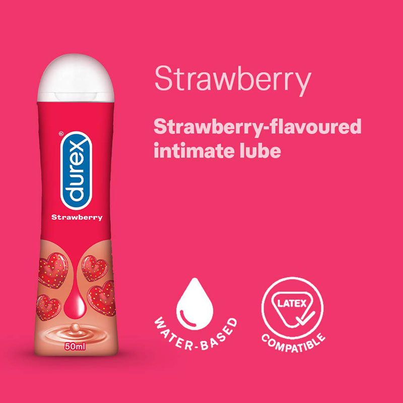 Durex Play Strawberry 50ml lubricant bottle with a vibrant strawberry design, showcasing its flavor and water-based formula.