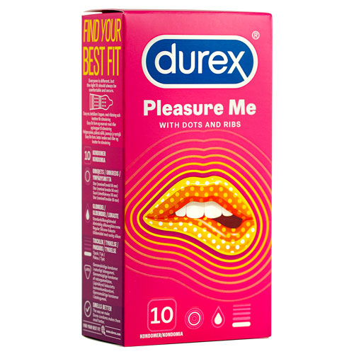 Durex Pleasure Me Box 10 featuring ribbed and dotted condoms for enhanced pleasure, packaged in a sleek box.