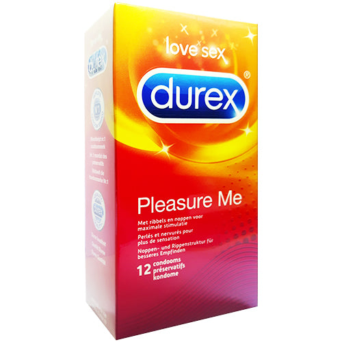 Durex Pleasure Me Box 12 featuring ribbed and dotted condoms for enhanced pleasure, packaged in a sleek box.