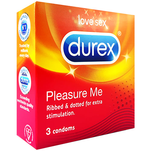 Durex Pleasure Me Box 3 featuring ribbed and dotted condoms for enhanced pleasure, packaged in a sleek box.