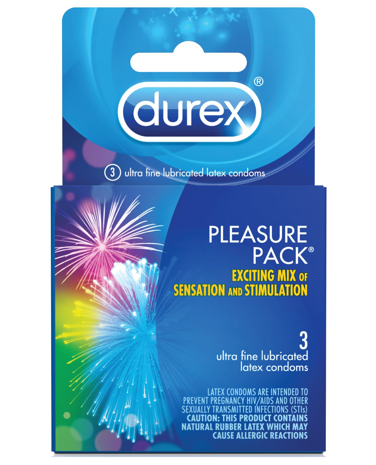 Durex Pleasure Pack Box 3 featuring three unique condoms for enhanced sensations, including Performax, Tropical, and Intense Sensation.