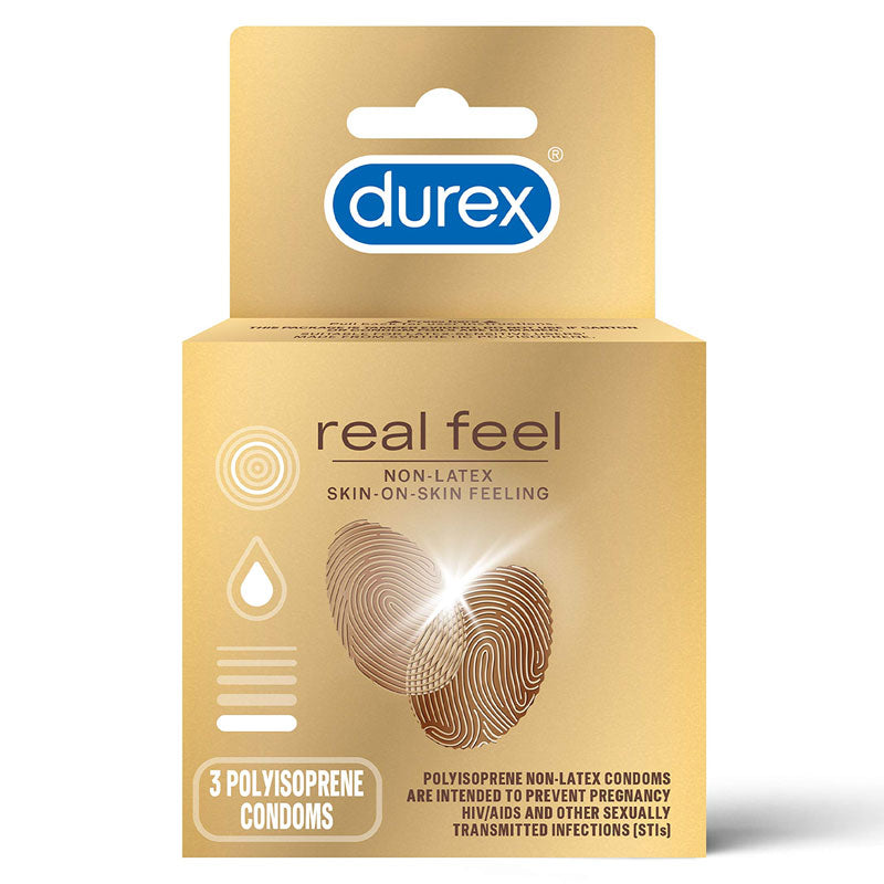 Durex Real Feel Box 3 containing non-latex condoms, showcasing the packaging and product details.