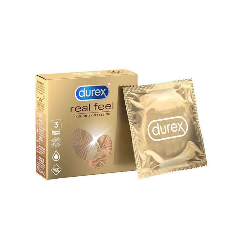 Durex Real Feel Box 3 containing non-latex condoms, showcasing the packaging and product details.