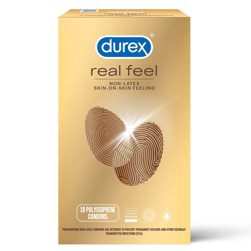 Durex RealFeel Box 10 featuring non-latex condoms designed for heightened sensations and comfort.