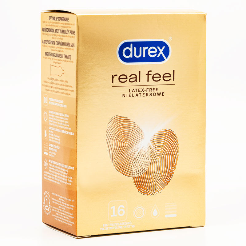 Durex RealFeel Box 16 featuring non-latex condoms, designed for heightened sensations and comfort.