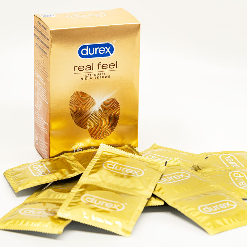 Durex RealFeel Box 16 featuring non-latex condoms, designed for heightened sensations and comfort.