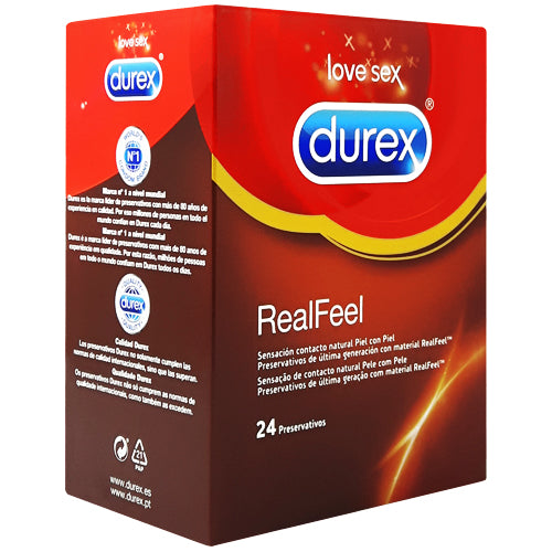 Durex RealFeel Box 24 containing non-latex condoms, showcasing the packaging and product details.