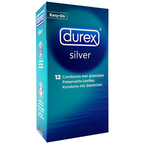 Durex Silver Box 12 condoms, transparent and Easy-On shaped, made from natural rubber latex.