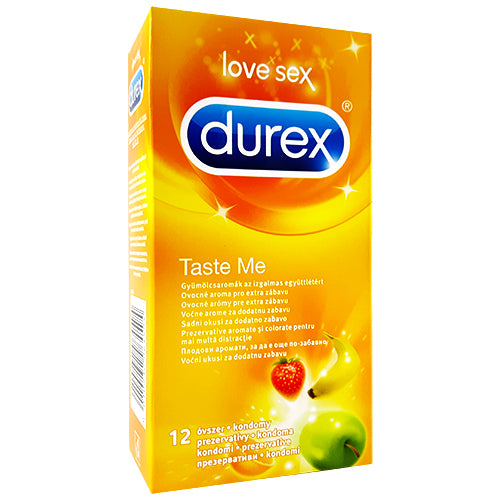 Durex Taste Me Box 12 featuring assorted flavored condoms in vibrant colors, ideal for enhancing oral pleasure.