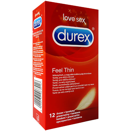 Durex Thin Feel Box containing 12 natural rubber latex condoms, designed for a sleeker fit and enhanced sensitivity.