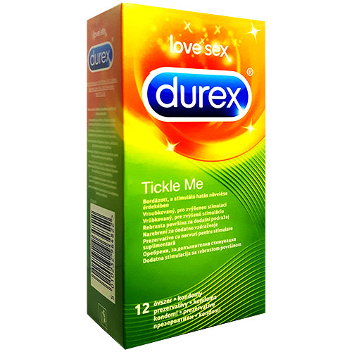 Durex Tickle Me Box 12 condoms featuring ribbed texture for enhanced stimulation, packaged in a sleek box.