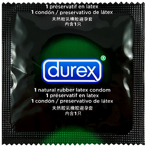 Durex Tickle Me condoms in a transparent package, showcasing their ribbed texture and teat-ended design for enhanced pleasure.