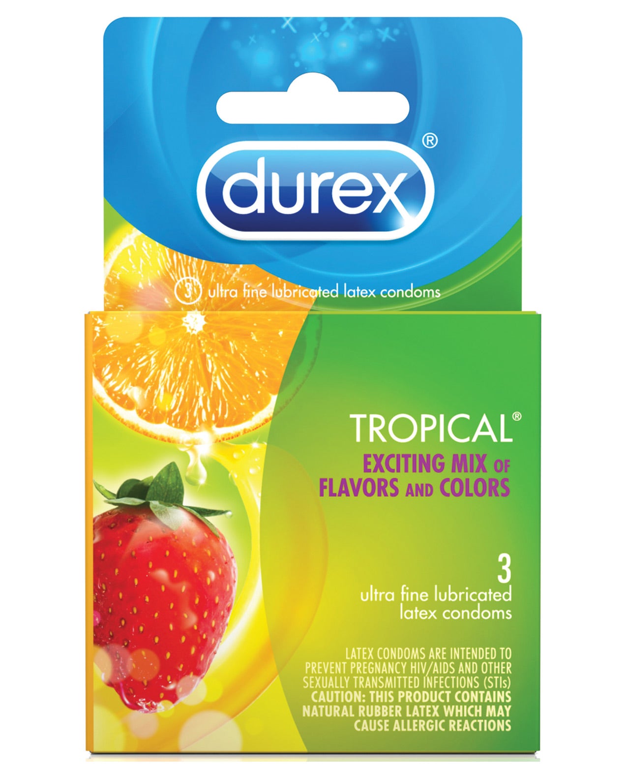 Durex Tropical Flavors Box 3 featuring assorted flavored condoms in vibrant colors, perfect for enhancing intimate moments.