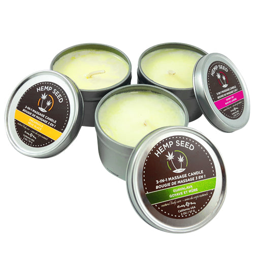 Earthly Body 3-in-1 Massage Candle Trio featuring three 57g candles with natural fragrance oils for massage and skin rejuvenation.