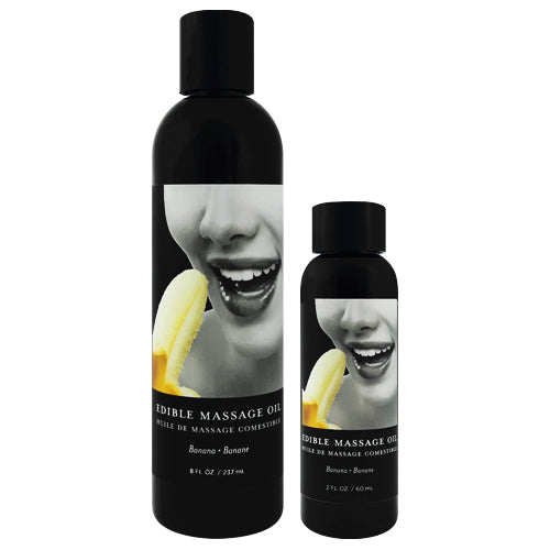 Earthly Body Banana Edible Massage Oil bottle with a vibrant banana design, showcasing its natural ingredients and inviting aroma.