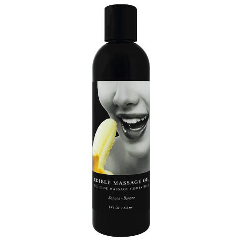 Earthly Body Banana Edible Massage Oil bottle with a vibrant banana design, showcasing its natural ingredients and inviting aroma.