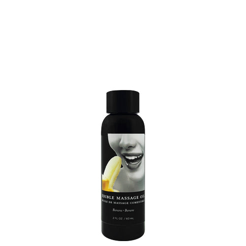 Earthly Body Banana Edible Massage Oil bottle with a vibrant banana design, showcasing its natural ingredients and inviting aroma.